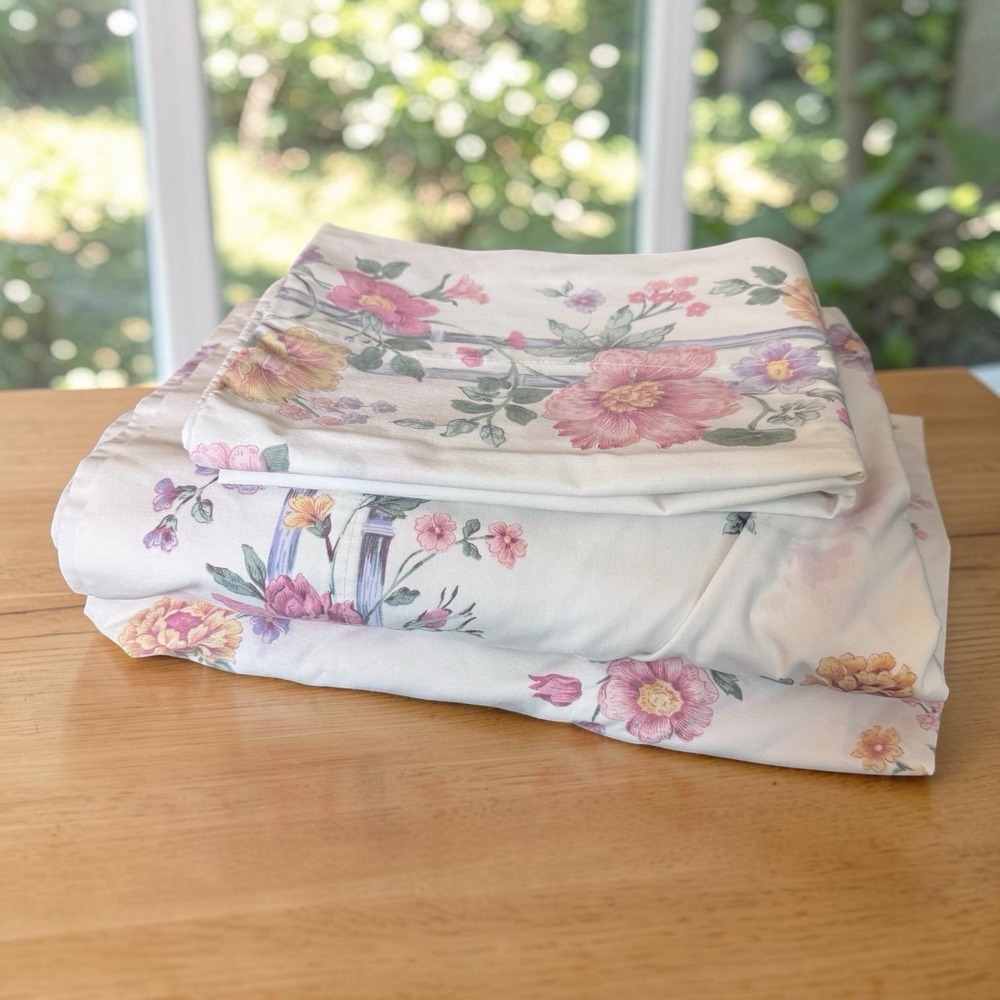 Vtg Stevens Queen 4-piece Sheet Set Pink Floral Pastel Cottage Core Cotton Blend